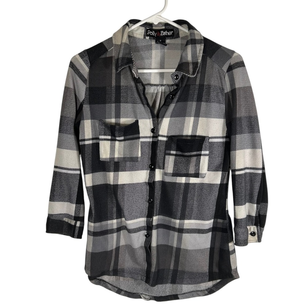 Polly & Esther Womens Black White Plaid Button Down Shirt 3/4 Sleeve Size M